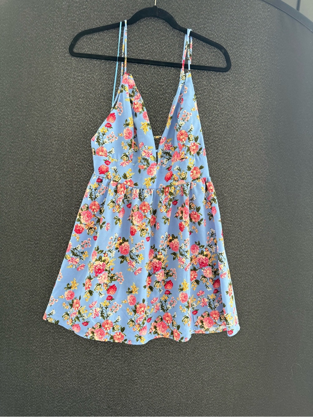 Floral Spaghetti Strap Mini Dress - Sky Blue with Pink Roses